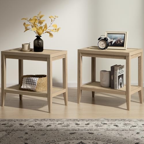SICOTAS Rattan End Table Nightstand Set of 2, Side Table with Storage