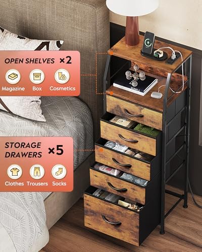 WLIVE LED Nightstand with Charging Station, Fabric Dresser with 5 Drawers for Bedroom, Tall Night Stand with Open Shelves, Bed Side Tables Living Room, Rustic Brown
