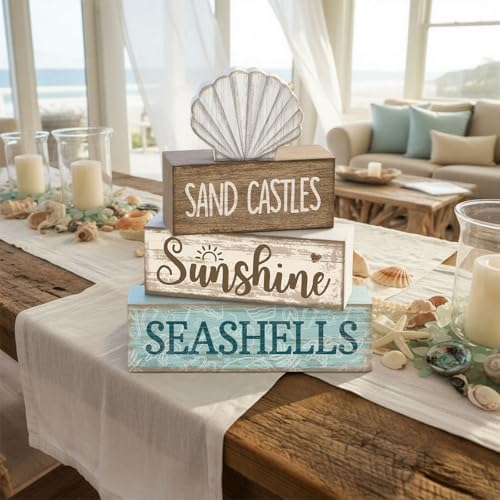 Yuntau 4 Pcs Summer Decorations for Home Beach Block Sign Seashell Display