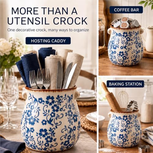 Ceramic Utensil Holder for Countertop, Blue and White Vintage Utensil Crock