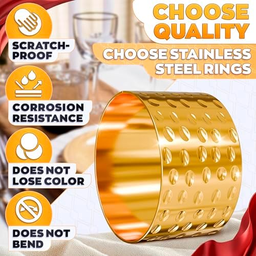 8 Pcs Gold Napkin Rings, Hammered Metal, Reusable, 1.75 x 1.1 Inches