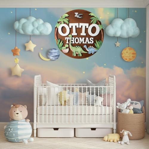 Personalized Baby Name Signs for Nursery, Dinosaur T-rex Sign for Baby Door Decor, Newborn Gifts for Boy, Boys Nursery Wall Bedroom Decorations, Mother's Day Gifts for New Mom Dad Gift