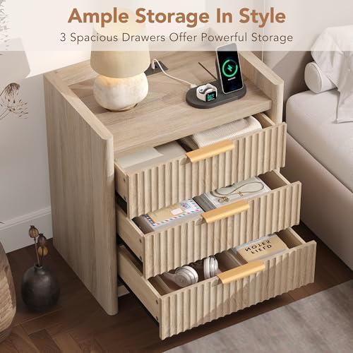 25.9" Fluted Nightstand with Charging Station, Large Bedside Table with 3 Storage Drawers and Metal Handle, Modern End Table for Bedroom, Home Office(Natural Oak)