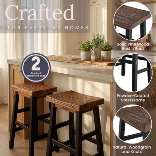 Alaterre Furniture Pomona Solid Wood Bar Stool Set of 2, Brown/Black, 26”