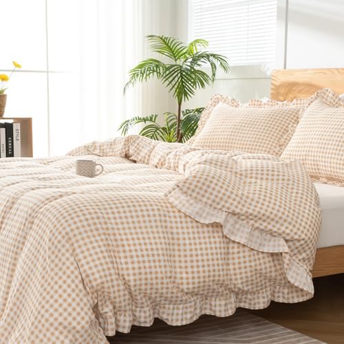 Gingham Duvet Cover Twin Size, 2 Pieces Soft Breathable Microfiber Plaid Duvet Cover with Zipper Closure & 1 Pillow Sham, Ruffle Farmhouse Vintage Decor, Beige