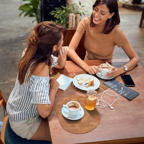 ADRIMER Oval Placemats Set of 6, Wipeable Faux Leather, Sandy Light Brown