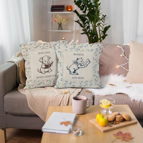 Vintage Floral Cat Dog Reading Throw Pillow Cover 18x18 Set of 2, Book Lover Bookworm Gifts Decorative Pillow Covers for Home Library Reading Room, Cottagecore Accent Pillows Cover Pillowcases