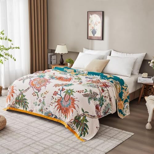 Boho Throw Blanket for Bed 100% Cotton Bohemian Blankets Ultra Soft Woven Muslin Decorative Blankets All Seasons Vintage Quilt Knitted Blanket for Sofa Chair(Beige, 50"x60")