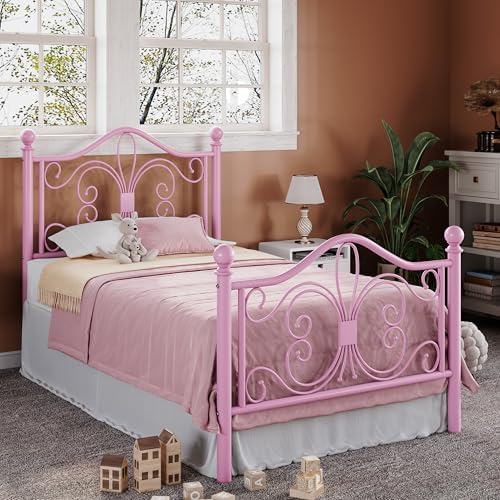Allewie Metal Twin XL Platform Bed Frame, Butterfly Pattern Design, Pink