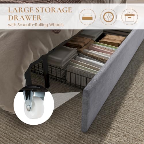 SHA CERLIN King Size Bed Frame with Storage Drawer & LED Lights, Grey