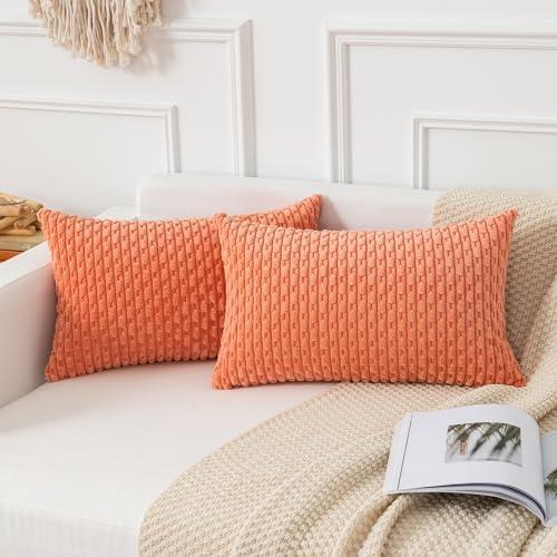 Kevin Textile Soft Corduroy 12"x20" Lumbar Pillow Covers 2 Pack, Coral Red
