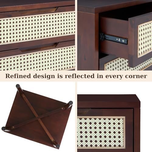 Bme Oliver Solid Wood Rattan Nightstand, Bohemian & Mid Century, Walnut