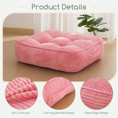 HIGOGOGO 6" Extra Thick Floor Pillow Cushion for Adults, Meditation Cushion Pillow, Large Square Floor Sitting, Tufted Corduroy Cover, for Tatami Living Room or Yoga, 22x22 Inch, Pink