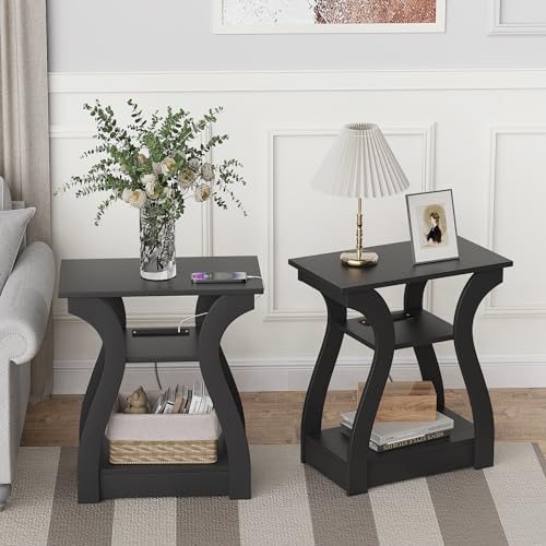 FROMJBEST End Tables Living Room with Charging Station, Black Side Tble