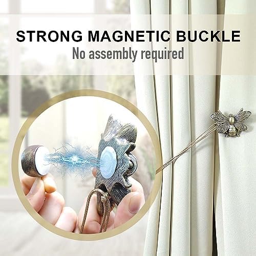 Curtain Holdbacks Set of 4, Brown Resin Magnetic Curtain Tiebacks Flying Bee Curtain Holders, Ties for Drapes, Farmhouse Decoration Accessories