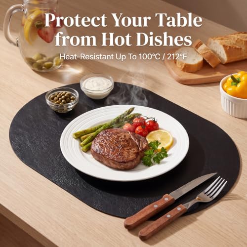 Oval Placemats Set of 4, Wipeable Faux Leather, Black
