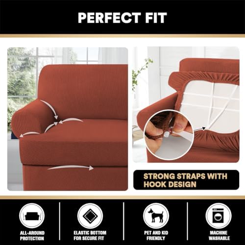 PrinceDeco T Cushion Loveseat Slipcover - 3 Pieces Sofa Cover for 2 Cushion Couch with 2 Individual T Shape Seat Covers Width Up to 76 Inch - Stretch, Machine Washable, Rust