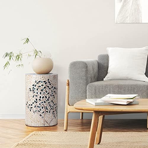 PEMAR Mother of Pearl Tree of Life End Table, 13" Round Accent Side Table