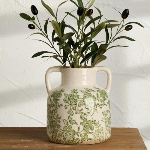 Vintage Vase with Handles, Ceramic Utensil Holder, Flower Decorative Vase Chinoiserie Decor Rustic Farmhouse Retro Floral Vases for Table Bookshelf Mantel Kitchen Living Room Office - 6.7” Green 017