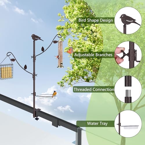YINGYM Deck Bird Feeder Pole with Bird Bath, Two Adjustable Branches