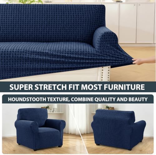 ZNSAYOTX 1 Piece Stretch Chair Slipcover with Arms (34"-44") New-Houndstooth Texture, Thick Armchair Covers for Living Room Universal Chair Slip Cover with Elastic Bottom & Buckle, Navy Blue