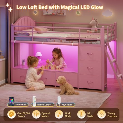 DICTAC Low Loft Bed Twin Size with 8 Storage Drawers, LED Lights, Twin Loft Bed with Upholsterd Headboard, Inclined Ladder&Play Curtain, Kids Loft Bed with Safety Guardrail, Under-Bed Play Area, Pink