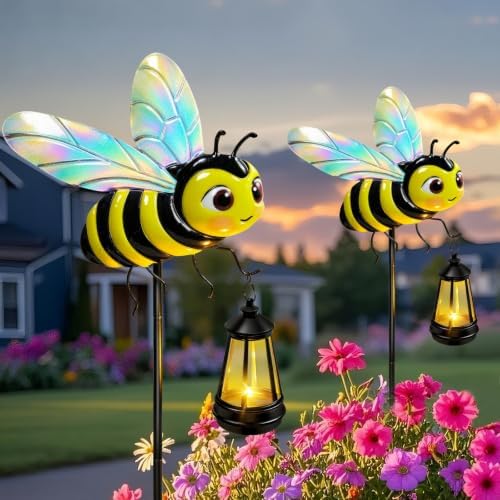 EDOF 32.28in Metal Bee Garden Stakes with Solar Lights Outdoor Decorative