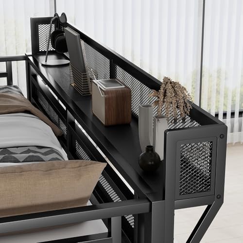 Queen Size Metal Loft Bed with Storage Stairs & Open Wardrobe, Black
