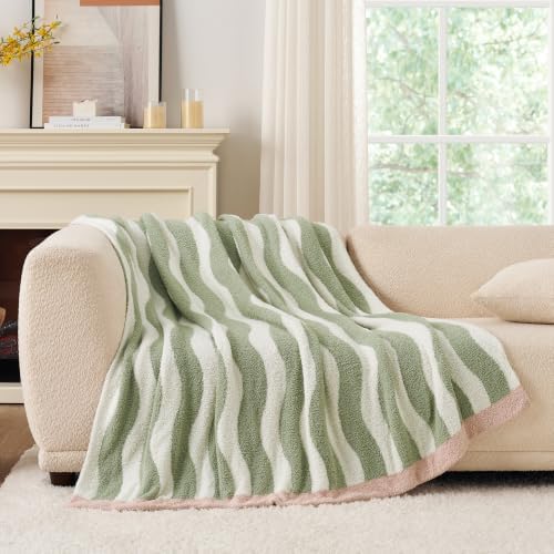 Snuggle Sac Wave Stripe Throw Blanket for Couch, Fuzzy Microfiber Blankets, Throws for Girls Daughter Gifts for Kid, Wave Sage Green White, 60x80 inches