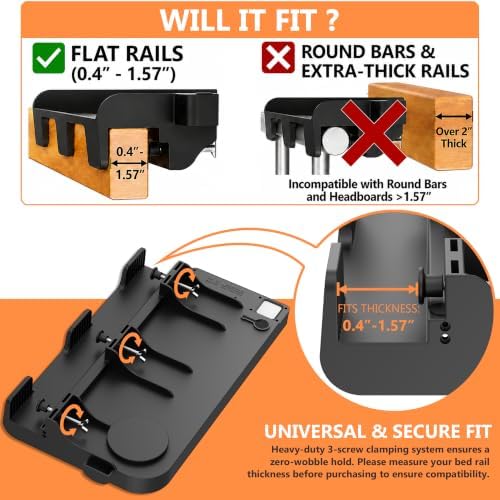 Bedside Shelf for Dorm Bunk Bed with USB Charging Port and 2 AC Outlets, Bedside Caddy, Attachable Bedside Table, College Dorm Essential Clip On Bedside Tray, Bunk Bed Accessories, Bedroom Furniture