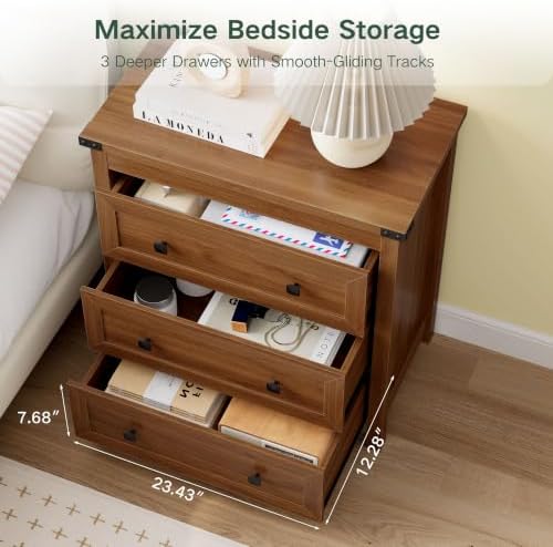 Farmhouse Nightstand with 3 Drawers, Wood Bedside Table, Walnut