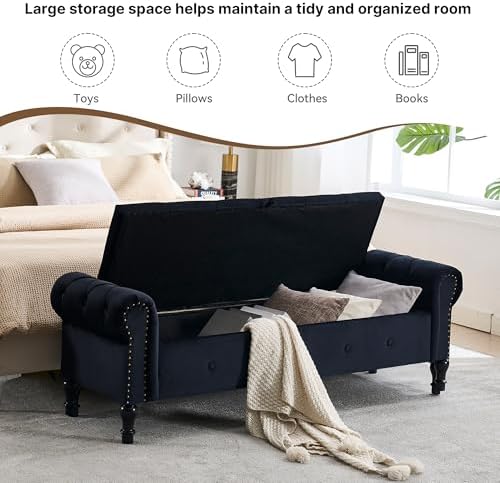 Storage Bench 67" Velvet End of Bed Benches Black