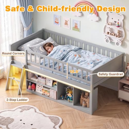 Giantex Low Loft Bed Twin Size with LED Lights, 2-Tier Storage Bookcase