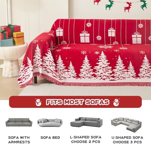 MEETSKY Christmas Couch Cover for Sectional Sofa, Chenille Loveseat Red Sofa Covers Washable for Pet Friendly Cedar Decorative Couch Covers, 71" x 134"