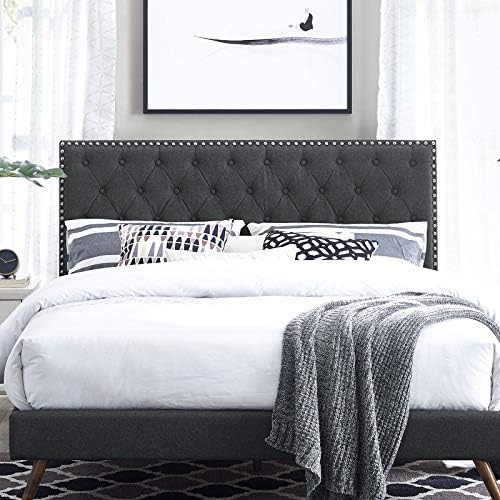 Modway Helena Tufted Button Fabric Upholstered Full/Queen Headboard with Nailhead Trim in Gray