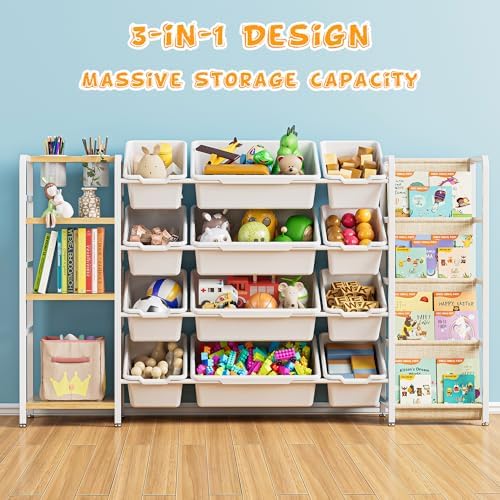 Toy Storage Organizer with 4-Tier Bookshelf, 57" Extra Wide Kids Toy Storage Shelf with 12 Bins, Large Metal Kids Bookcase for Playroom Organization and Nursery Room Decor, White