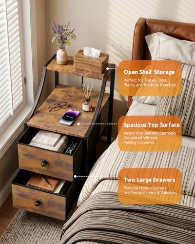 Lazzanto Narrow Nightstand with Charging Station for Bedroom, Dorm