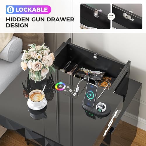 Dystler LED Night Stand with Charging Station, Lockable Hidden Drawer