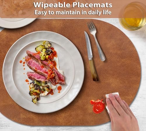ADRIMER Oval Placemats Set of 12, Wipeable Faux Leather, Turmeric Brown
