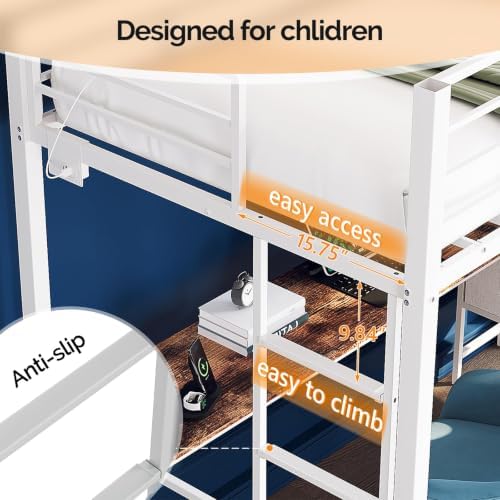 VINGLI Twin Gaming Loft Bed Frame with 7 Drawers and Desk,Metal Single High Sleeper with RGB LED Lights, 2 Built-in Power Outlets, 15” Extra-High Guardrails, Space-Saving Design,White