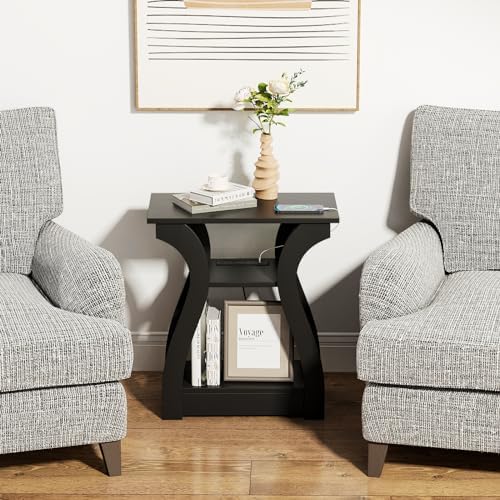 FROMJBEST End Tables Living Room with Charging Station, Black Side Tble