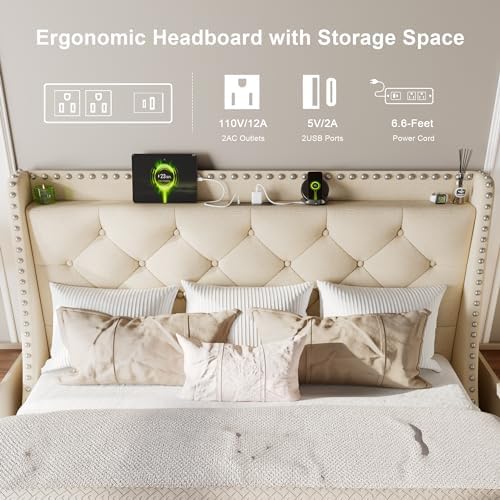 Feonase Queen Bed Frame with Luxury Wingback and Fast Charging Station,Queen Upholstered Button Tufted Storage Headboard Platform Bed,Sturdy Wooden Slats Support,Noise-Free,Easy Assembly, Beige