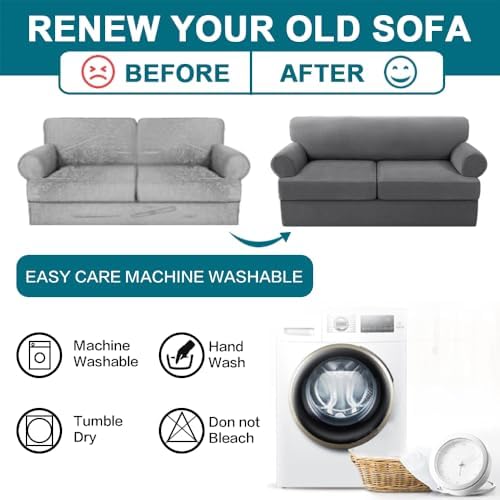 Turquoize 3 Piece T Cushion Loveseat Slipcovers Sofa Cover for 2 Cushion Couch Cover Washable Sofa Slipcover Furniture Covers with 2 Individual T Cushion Seat Covers (2 Cushion Loveseat, Gray)