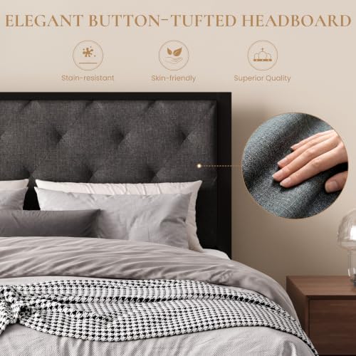 SHA CERLIN Full Size Metal Bed Frame with Linen Tufted Headboard, Dark Gray