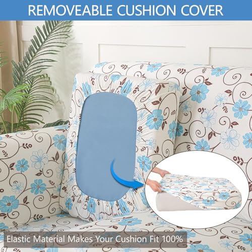 Stretch Printed Sofa Cover Couch Covers, 2-Piece Armchair Cover with Separate Cushion Cover, Washable Soft Spandex Furniture Protector for Living Room(Armchair,White-Blue-Brown Floral)
