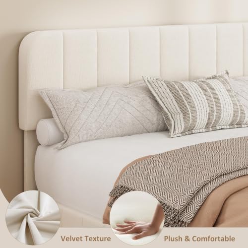Garvee King Size Velvet Bed Frame with Adjustable Headboard, Beige