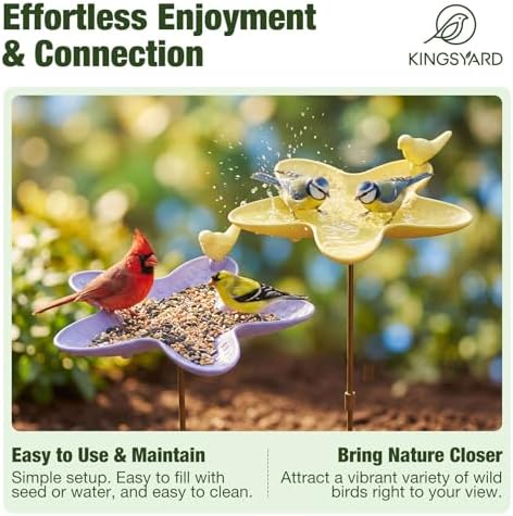 Kinsgyard 2 Pack Free Standing Tray Bird Feeders with Adjustable Pole, Wild Bird Bath for Outdoor Garden Yard Decor, Large Seed Capacity, Easy to Clean and Refill, Yellow & Purple