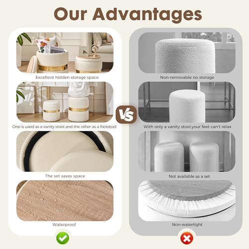 Round Ottoman with Storage Set of 2 White Velvet Vanity Stool