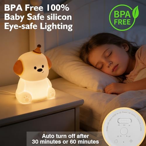 Puppy Silicone Night Light for Kids Baby, BPA-Free Safe Cute Lamp, 3 Brightness Dimmable RGB Color Changing, 30/60 Min Timer Tap Control Night Light for Nursery Bedroom Toddler Infant
