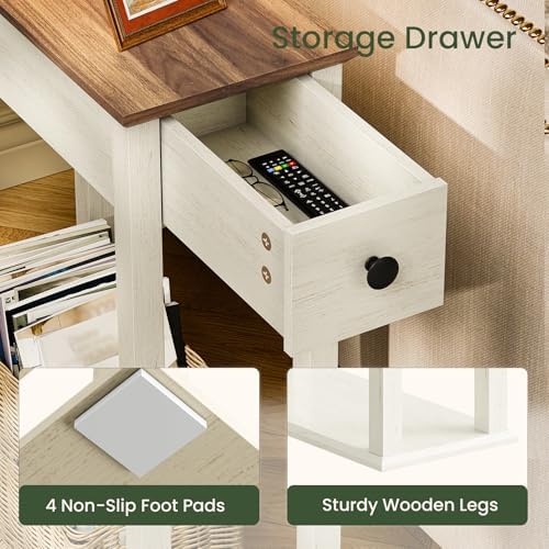 CHOEZON Farmhouse End Table, 2-Tier Narrow Side Table with Drawer, Wooden Nightstand, for Small Space, Living Room, Bedroom